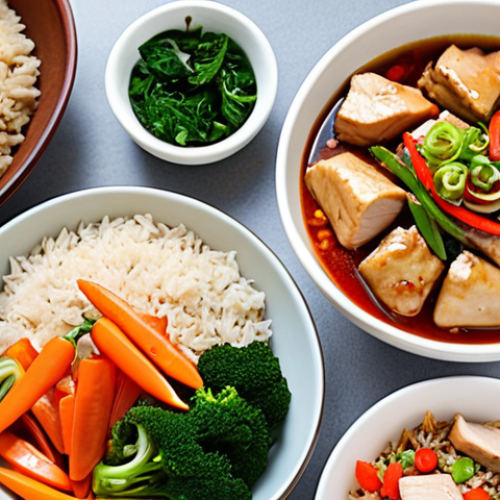 **

A colorful and vibrant spread of healthy Chinese food options on a table. Include a variety of fresh vegetables (bright greens, red bell peppers, carrots), lean protein sources (steamed chicken or tofu), brown rice, and dishes prepared with minimal oil. The setting should be a bright and inviting home kitchen.

**