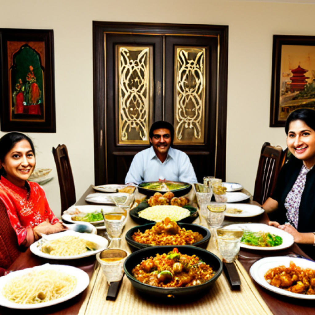 Family Dinner**
"A Pakistani family gathered around a dining table laden with a feast of Chinese-inspired dishes: chicken manchurian, vegetable fried rice, noodles, and steamed dumplings, fully clothed, appropriate content, safe for work. The scene takes place in a warmly lit home dining room decorated with traditional Pakistani art. Perfect anatomy, natural proportions, professional, modest, family-friendly, high quality"
**