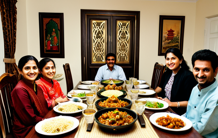 Family Dinner**
"A Pakistani family gathered around a dining table laden with a feast of Chinese-inspired dishes: chicken manchurian, vegetable fried rice, noodles, and steamed dumplings, fully clothed, appropriate content, safe for work. The scene takes place in a warmly lit home dining room decorated with traditional Pakistani art. Perfect anatomy, natural proportions, professional, modest, family-friendly, high quality"
**