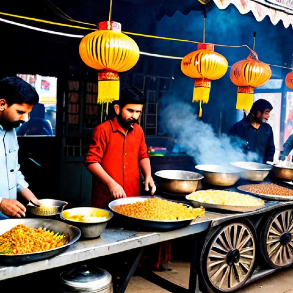 **
A bustling scene at a food stall in Lahore, Pakistan. Vendors in traditional shalwar kameez are preparing chow mein in large woks. Steam rises, carrying the aroma of soy sauce, ginger, and spices. Customers of all ages are gathered around, eager to receive their orders. The scene is colorful and vibrant, with lanterns and decorations adorning the stall. "Safe for work," "appropriate content," "fully clothed," "family-friendly," "professional photography," "high quality," "perfect anatomy," "correct proportions," "natural pose."
**