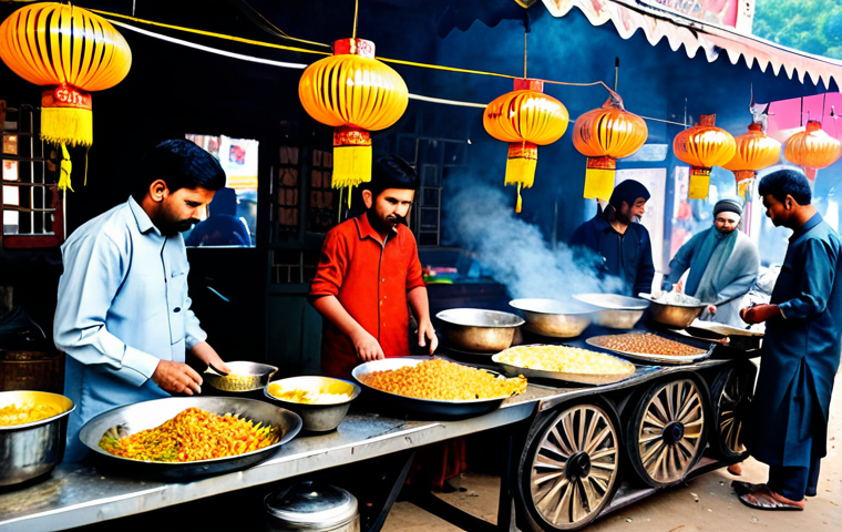 **
A bustling scene at a food stall in Lahore, Pakistan. Vendors in traditional shalwar kameez are preparing chow mein in large woks. Steam rises, carrying the aroma of soy sauce, ginger, and spices. Customers of all ages are gathered around, eager to receive their orders. The scene is colorful and vibrant, with lanterns and decorations adorning the stall. "Safe for work," "appropriate content," "fully clothed," "family-friendly," "professional photography," "high quality," "perfect anatomy," "correct proportions," "natural pose."
**
