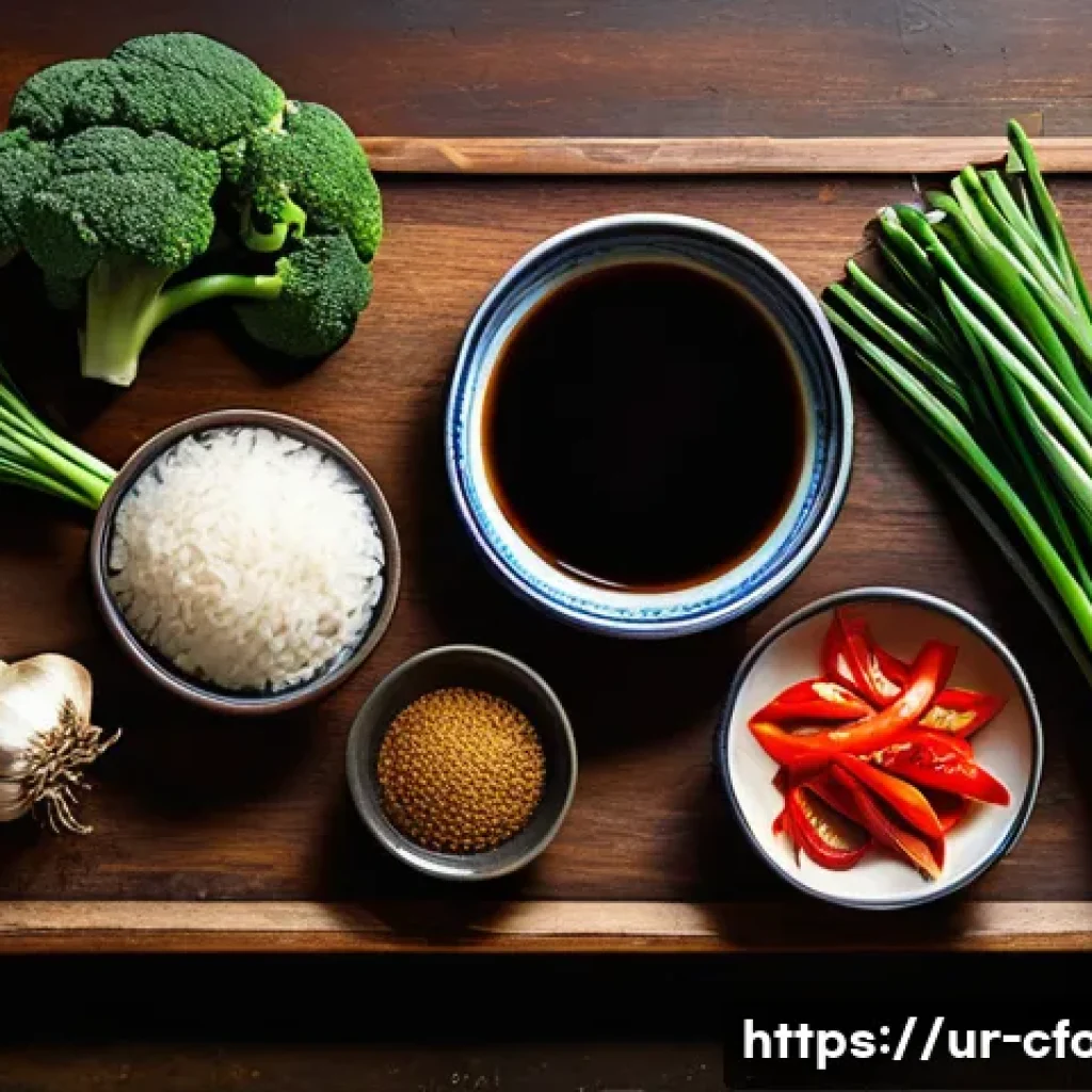중식 식재료 목록 - **Prompt:** A beautifully arranged still life of essential Chinese cooking ingredients on a rustic w...