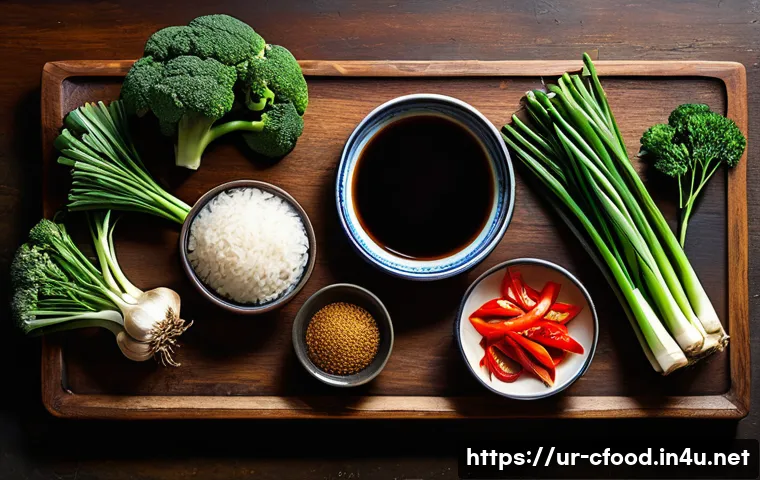 중식 식재료 목록 - **Prompt:** A beautifully arranged still life of essential Chinese cooking ingredients on a rustic w...