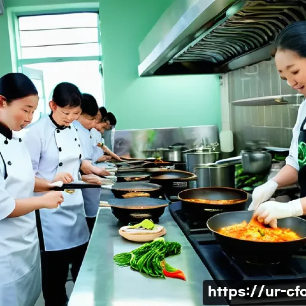 중국 요리학교 - A vibrant Chinese culinary classroom scene featuring diverse adult students practicing traditional c...