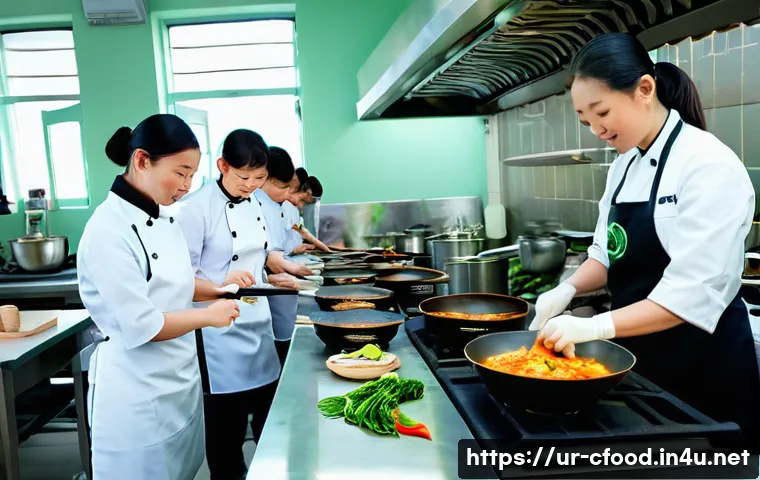 중국 요리학교 - A vibrant Chinese culinary classroom scene featuring diverse adult students practicing traditional c...