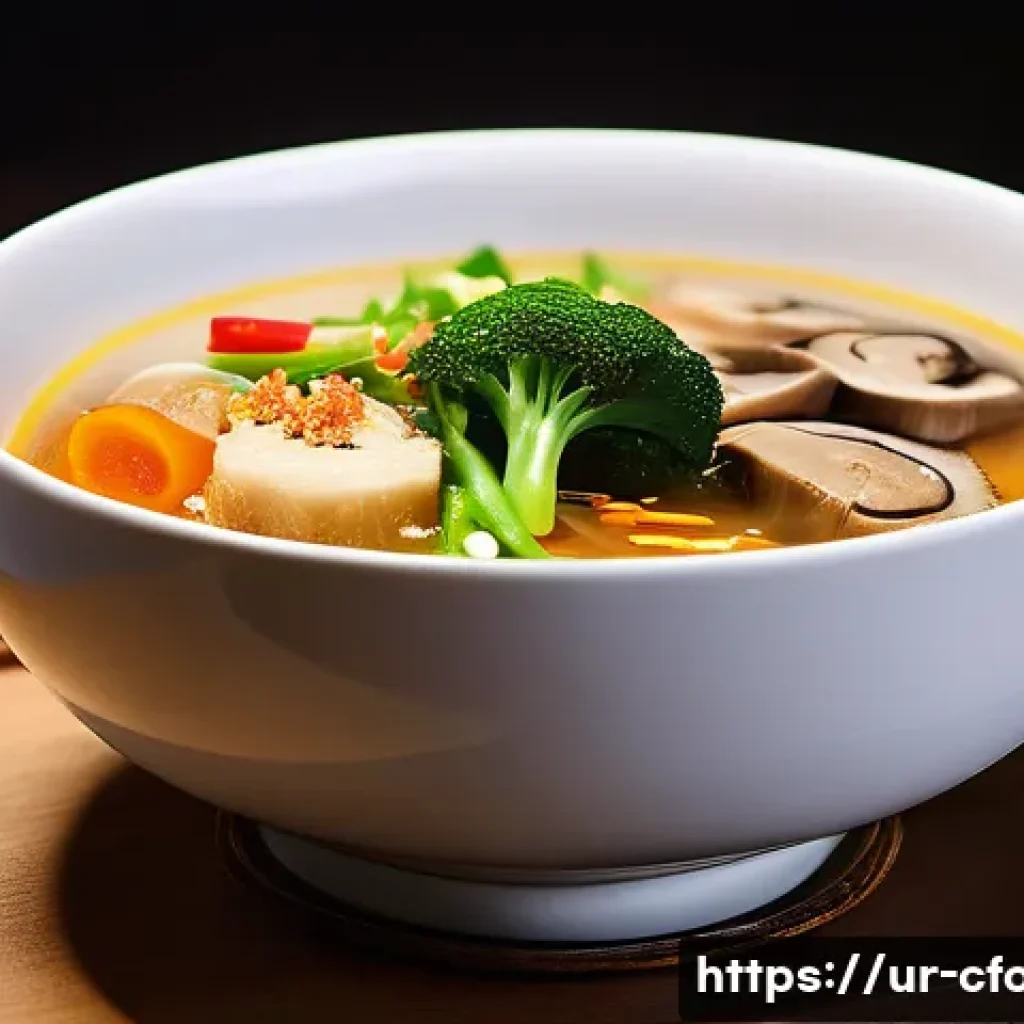 중국 요리의 현대화 - A modern Chinese fusion dining scene showcasing a beautifully plated hot and sour soup infused with ...