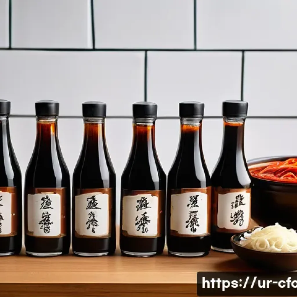 중식 소스 원료 정보 - A vibrant kitchen scene showcasing a traditional Chinese cooking setup with various bottles of soy s...