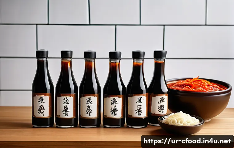 중식 소스 원료 정보 - A vibrant kitchen scene showcasing a traditional Chinese cooking setup with various bottles of soy s...
