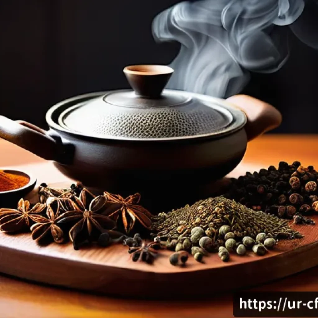 중식 향신료 특징 - A vibrant Chinese kitchen scene focused on an assortment of aromatic spices: star anise, cinnamon st...