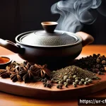 Home 22 중식 향신료 특징 - A vibrant Chinese kitchen scene focused on an assortment of aromatic spices: star anise, cinnamon st...