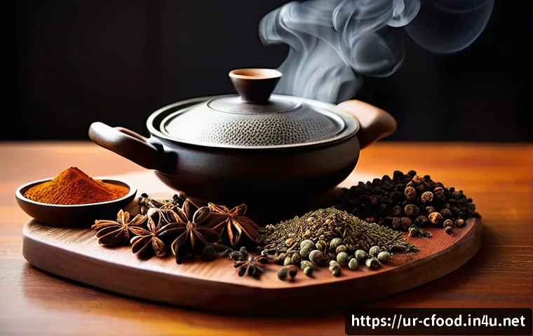 중식 향신료 특징 - A vibrant Chinese kitchen scene focused on an assortment of aromatic spices: star anise, cinnamon st...