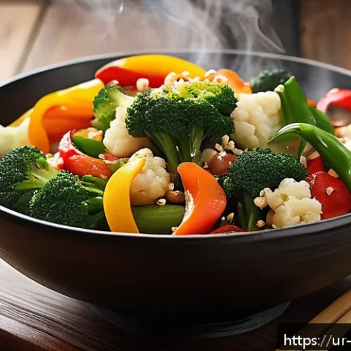 Home 17 중식 요리의 영양학적 가치 - A vibrant and colorful Chinese stir-fry dish featuring fresh seasonal vegetables such as broccoli, b...