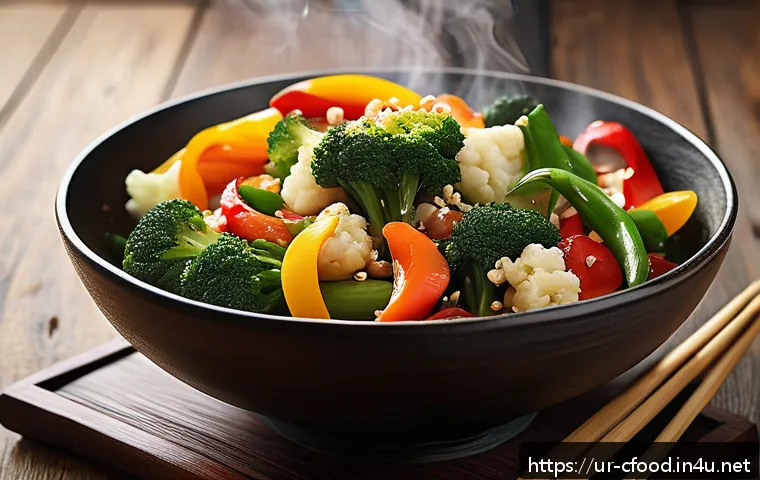 중식 요리의 영양학적 가치 - A vibrant and colorful Chinese stir-fry dish featuring fresh seasonal vegetables such as broccoli, b...